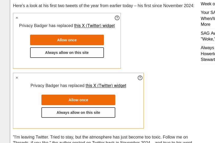 A screenshot of a section of an online article, showing two orange boxes, implied to be tweets, between two paragraphs. Each of the boxes contains the text, “Privacy Badger has replaced this X (Twitter) widget,” followed by buttons labeled “Allow once” and “Always allow on this site.”